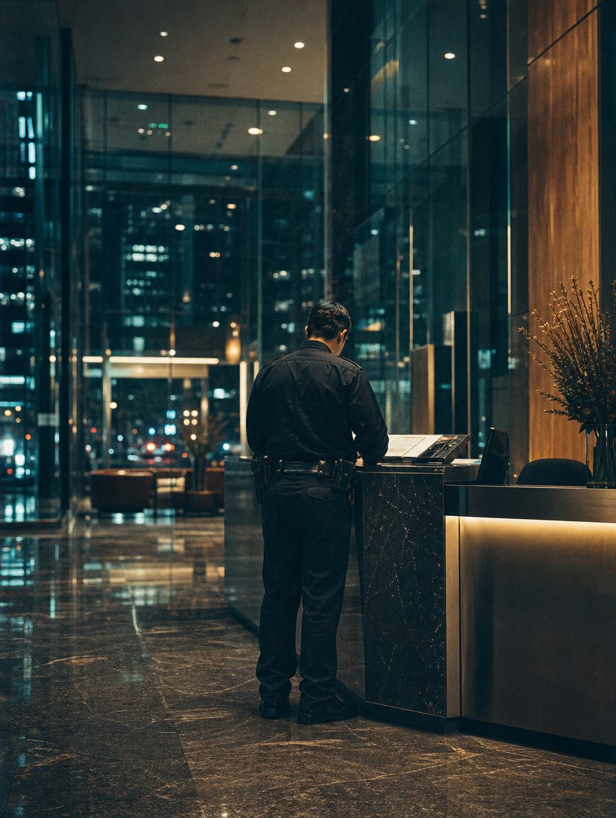 Security officer at an office lobby desk at night